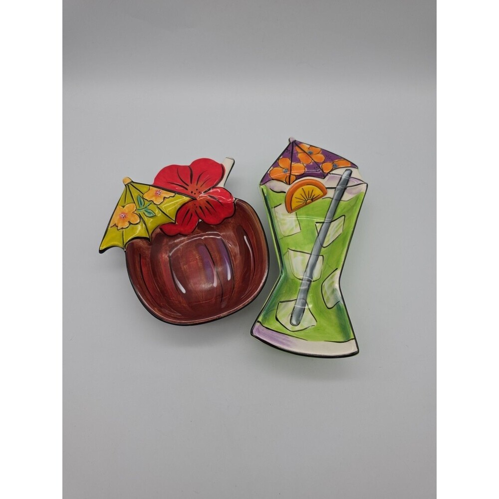 Clay Art Whimsical Tropical Cocktail Tidbit Serving Dishes Pair of Bowls